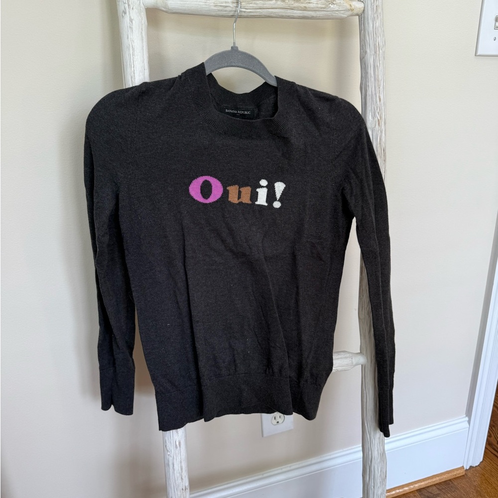 Banana Republic Black Crewneck Sweater with Colorful "Oui!" Graphic